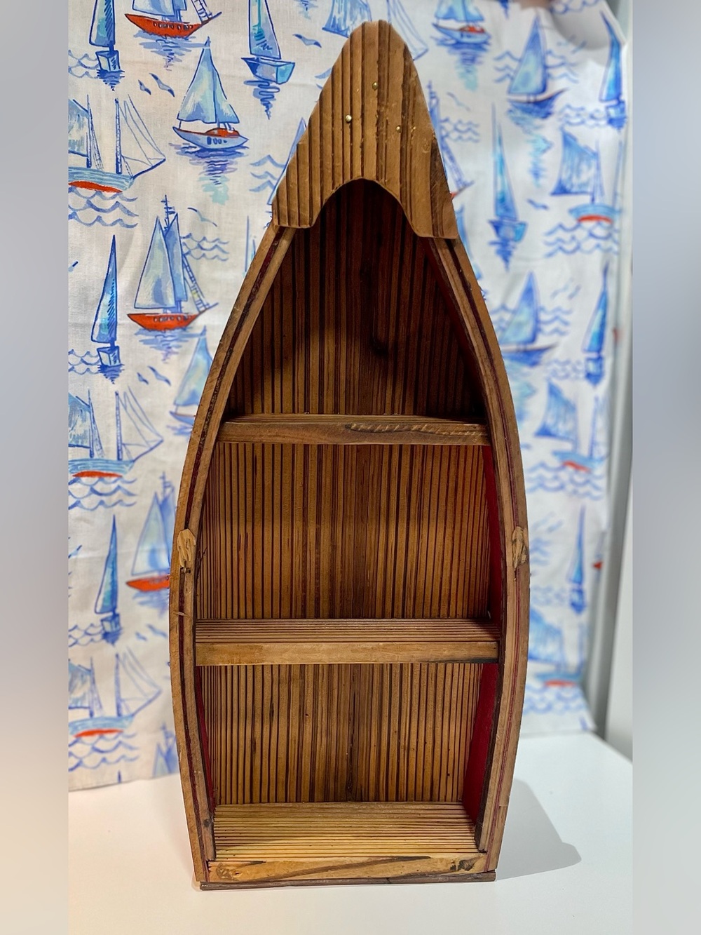 Rustic Wooden Canoe Wall Shelf / Boat Display Shelf – Red Interior, 3 Shelves